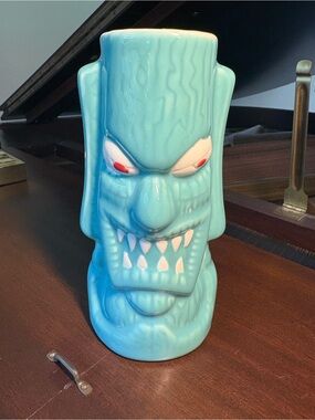RARE Turquoise Tiki Lin Ceramic Pottery Tiki Mug Totem Face Red Eyes